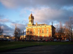 Geauga County building at sunset